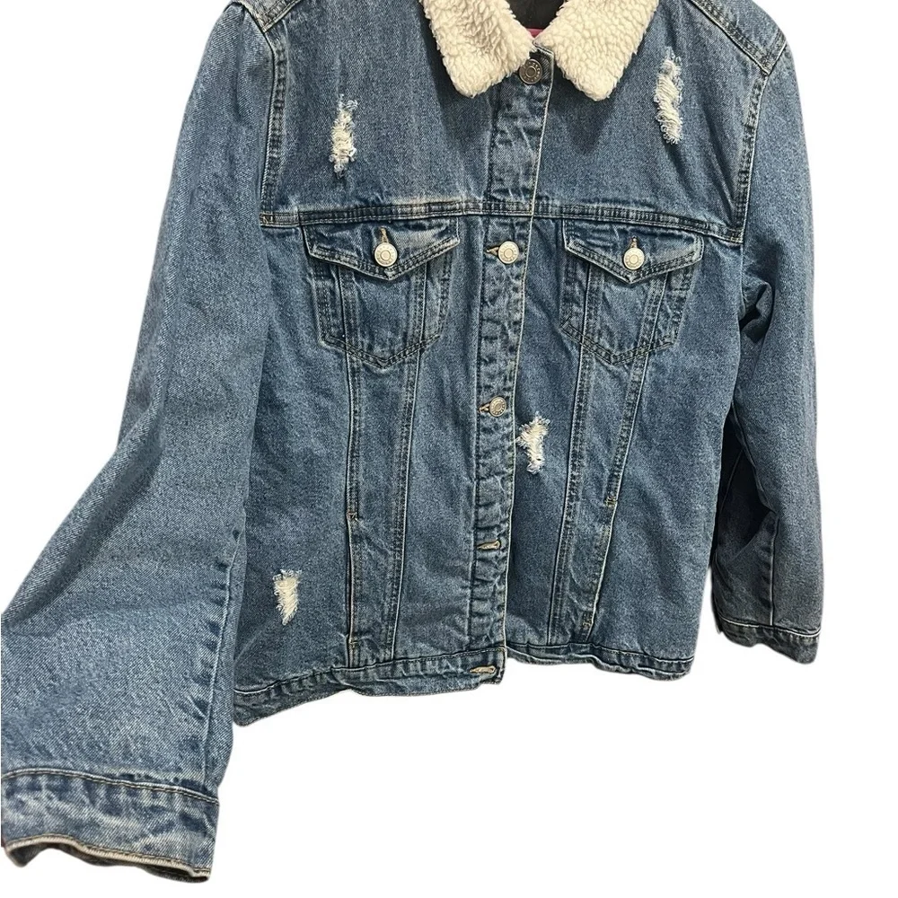 Refuge Women's Large Denim Distressed Jacket Button Up Fleece Lined Long Sleeve